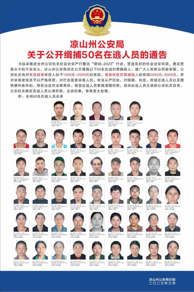 凉山公安公开缉捕30名在逃人员